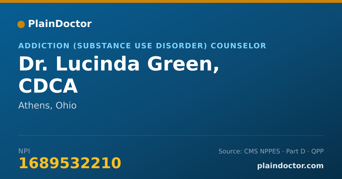 Shareable card for Lucinda Green, CDCA - Addiction (Substance Use Disorder) Counselor, Athens, OH