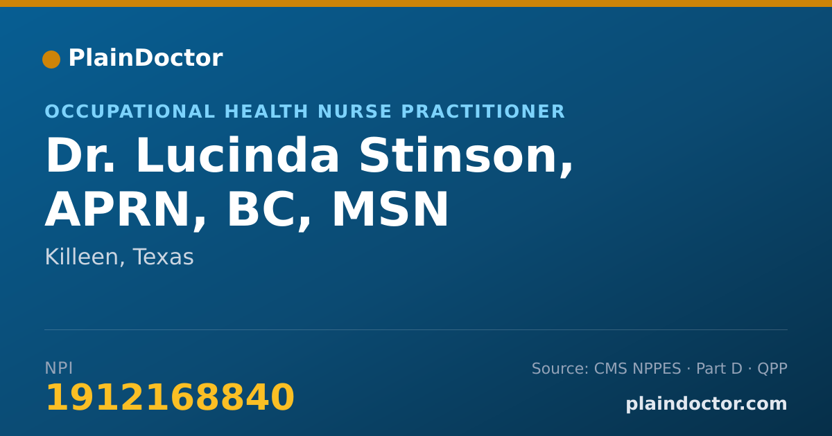 Shareable card for Lucinda Stinson, APRN, BC, MSN - Occupational Health Nurse Practitioner, Killeen, TX
