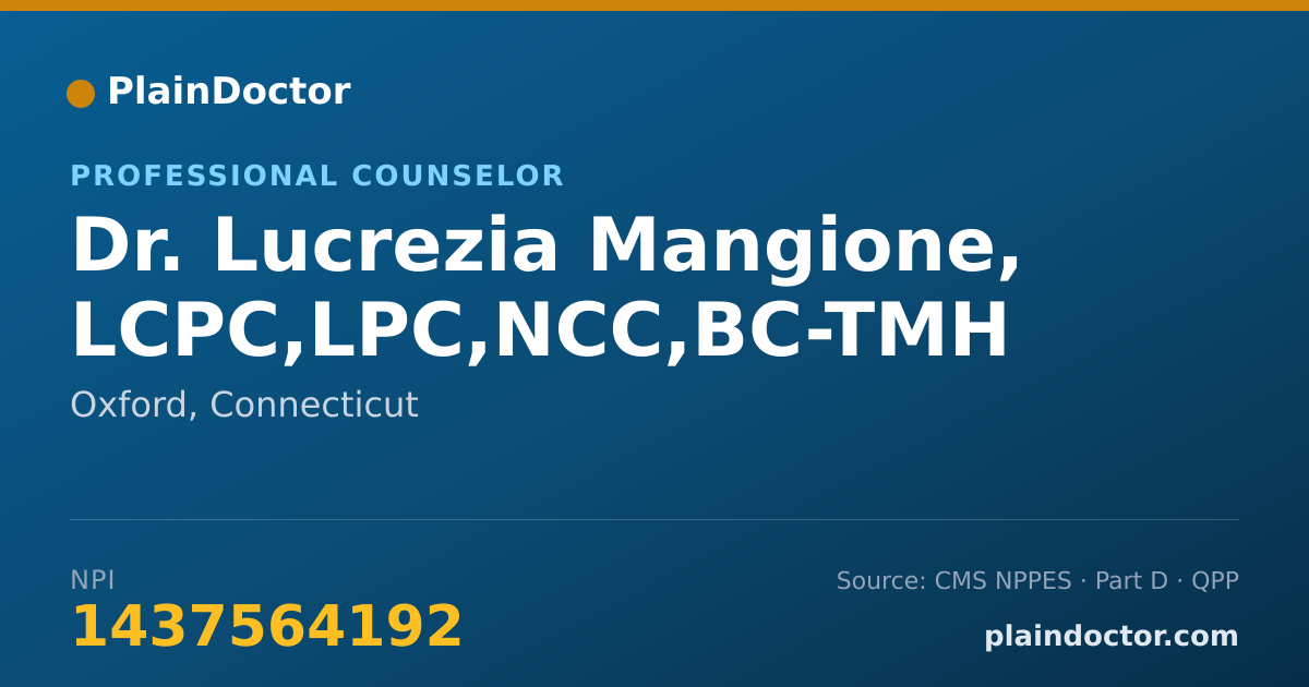 Shareable card for Lucrezia Mangione, LCPC,LPC,NCC,BC-TMH - Professional Counselor, Oxford, CT