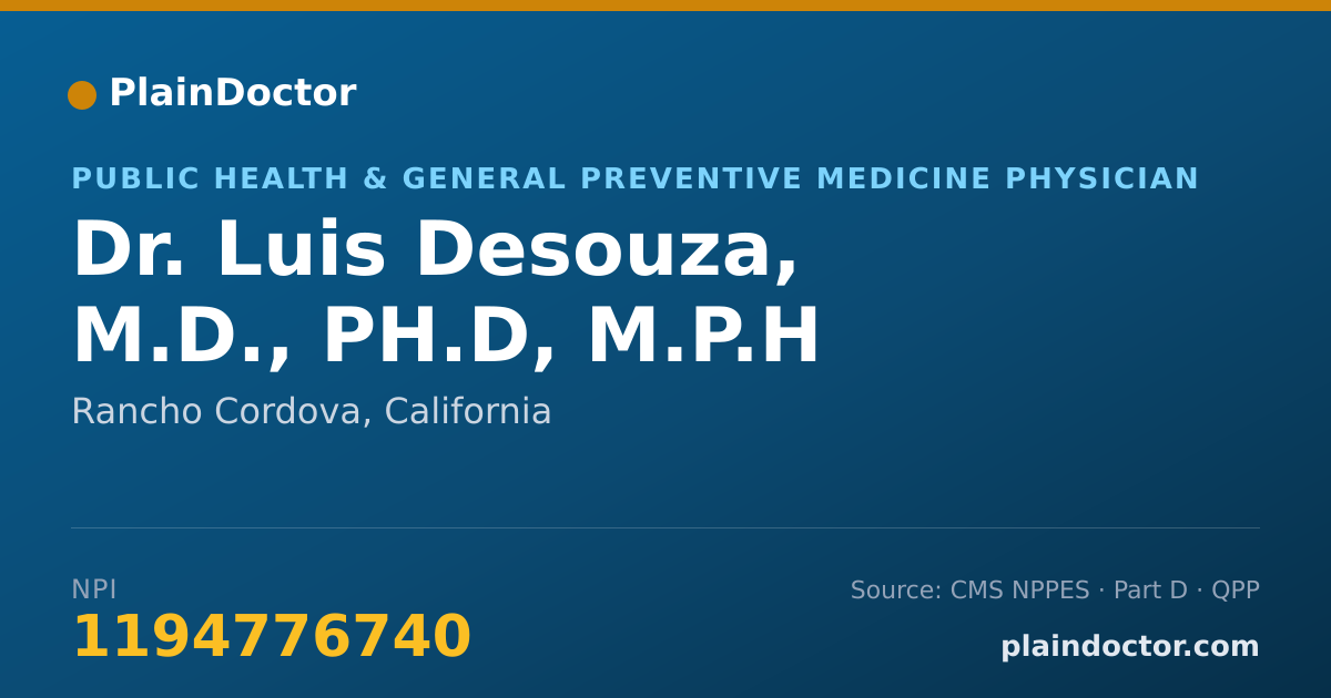 Shareable card for Luis Desouza, M.D., PH.D, M.P.H - Public Health & General Preventive Medicine Physician, Rancho Cordova, CA