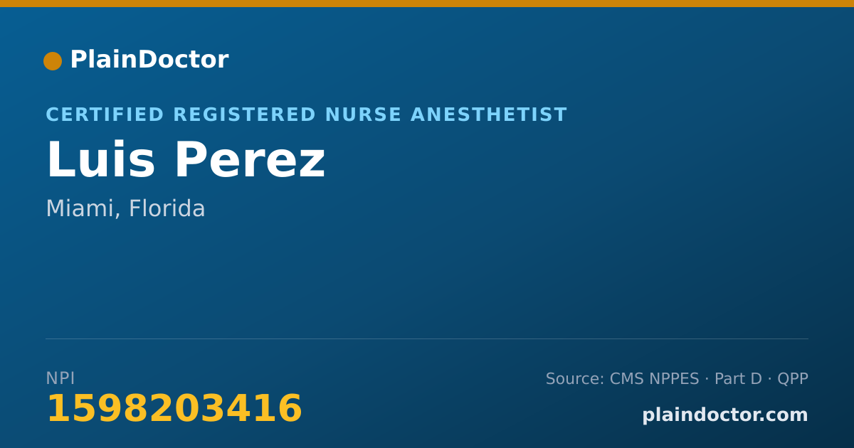 Shareable card for Luis Perez - Certified Registered Nurse Anesthetist, Miami, FL