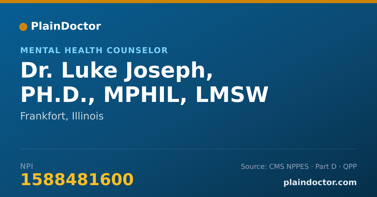 Shareable card for Luke Joseph, PH.D., MPHIL, LMSW - Mental Health Counselor, Frankfort, IL
