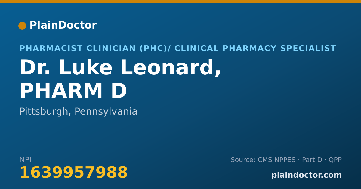 Shareable card for Luke Leonard, PHARM D - Pharmacist Clinician (PhC)/ Clinical Pharmacy Specialist, Pittsburgh, PA
