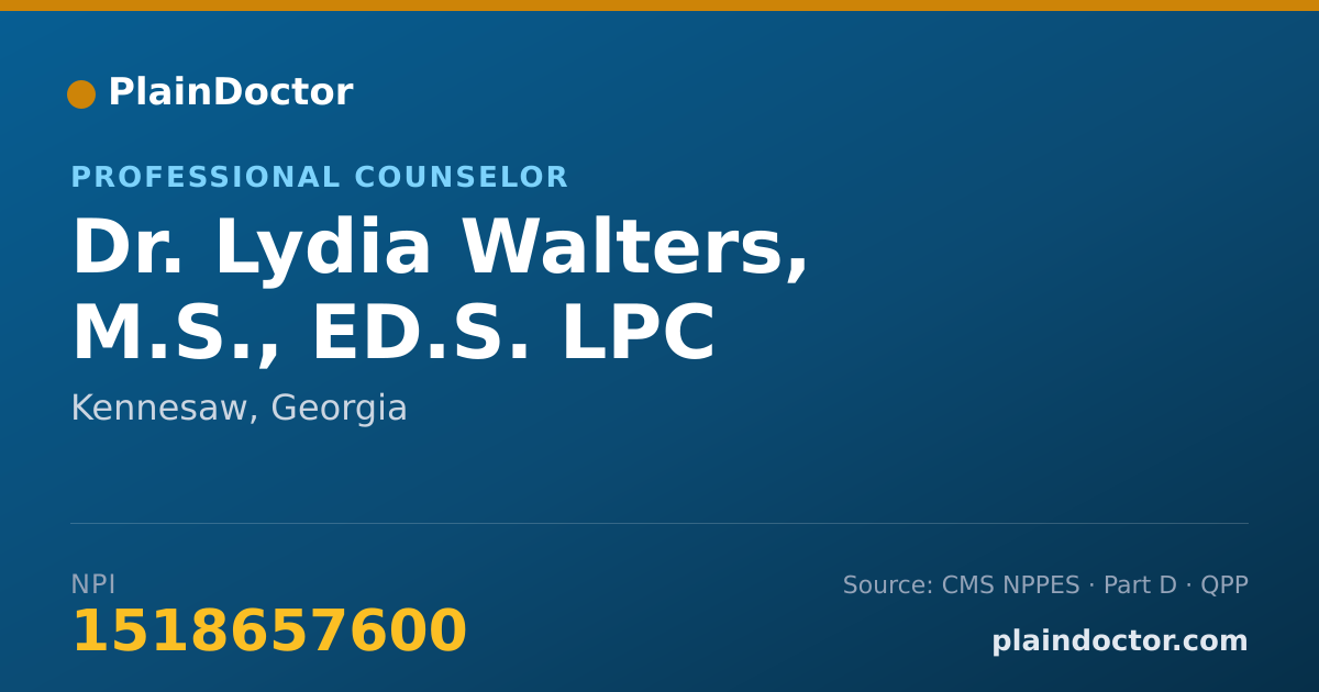Shareable card for Lydia Walters, M.S., ED.S. LPC - Professional Counselor, Kennesaw, GA