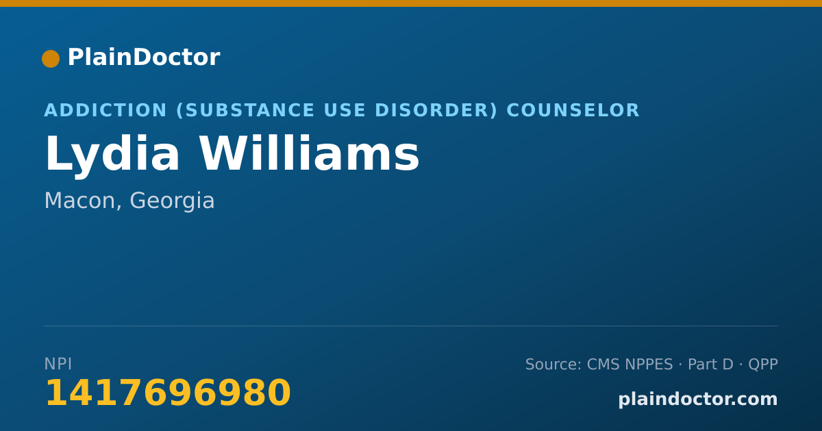 Shareable card for Lydia Williams - Addiction (Substance Use Disorder) Counselor, Macon, GA