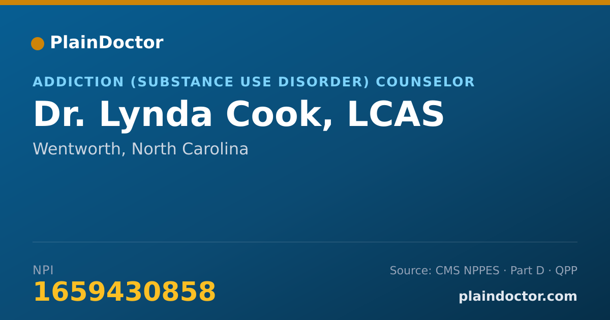 Shareable card for Lynda Cook, LCAS - Addiction (Substance Use Disorder) Counselor, Wentworth, NC