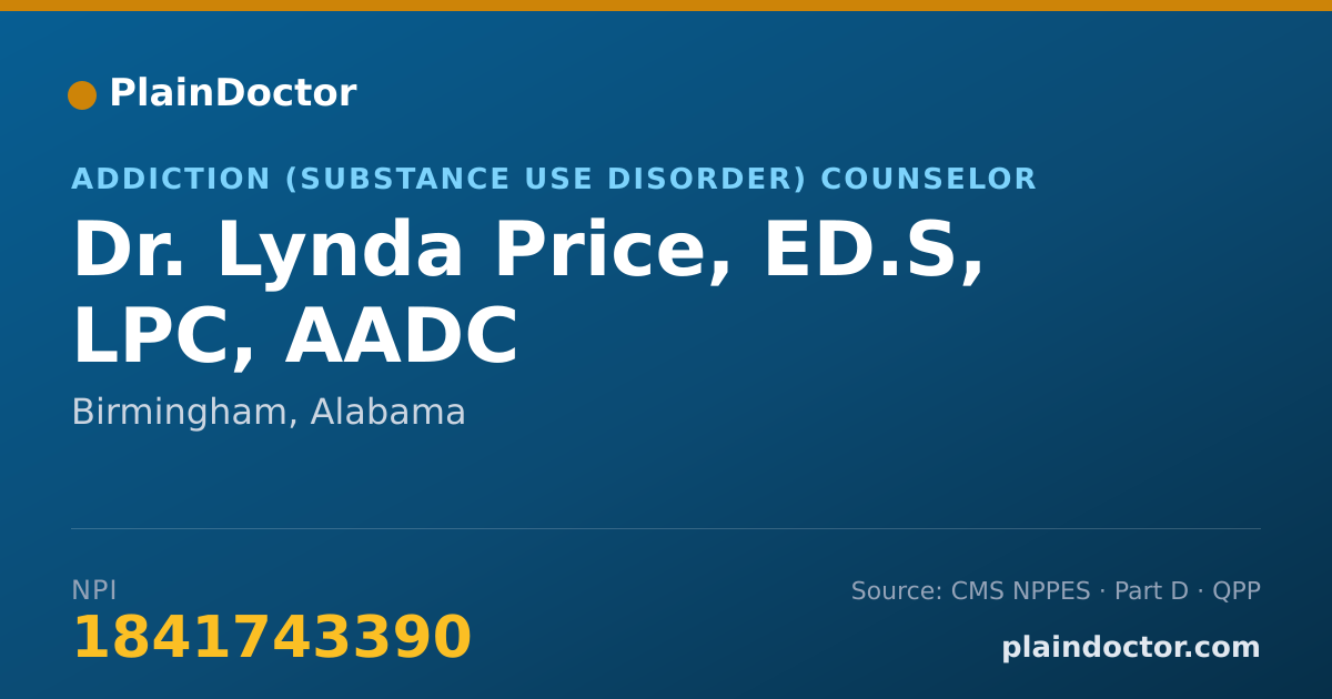 Shareable card for Lynda Price, ED.S, LPC, AADC - Addiction (Substance Use Disorder) Counselor, Birmingham, AL