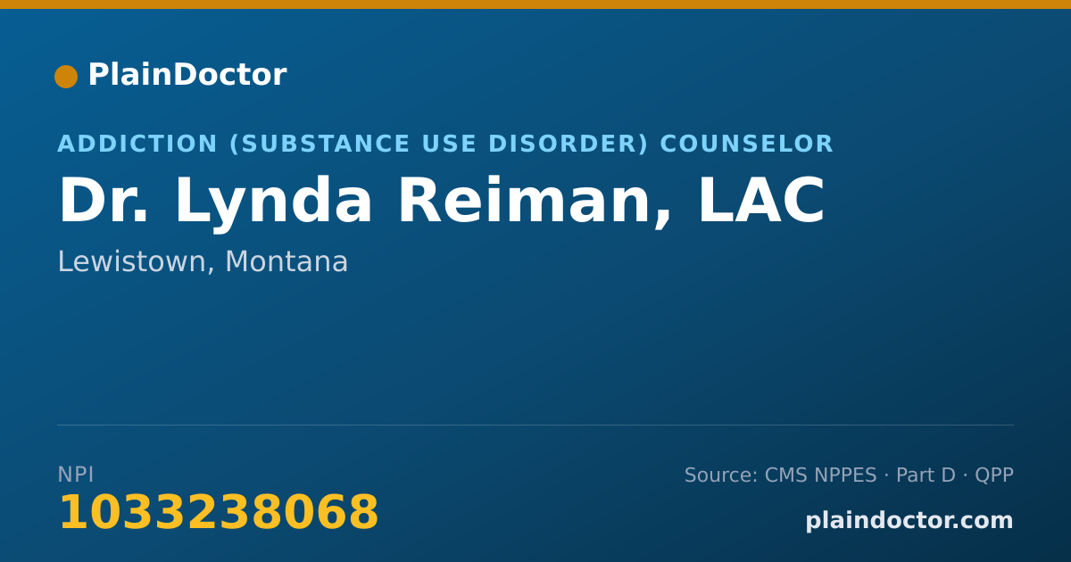Shareable card for Lynda Reiman, LAC - Addiction (Substance Use Disorder) Counselor, Lewistown, MT