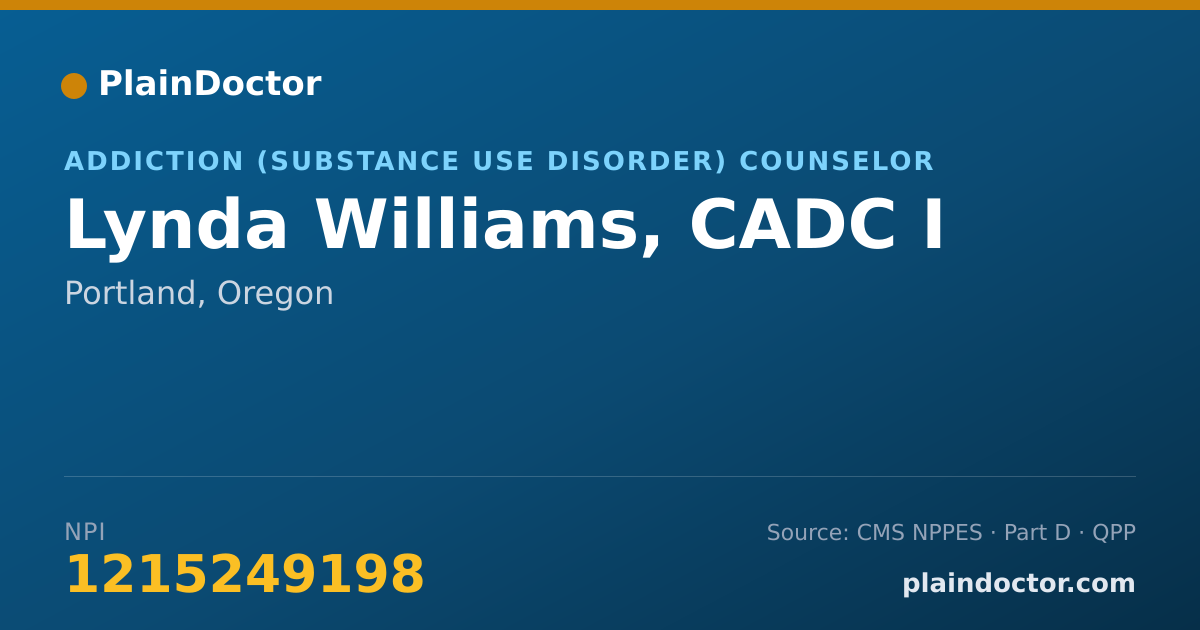 Shareable card for Lynda Williams, CADC I - Addiction (Substance Use Disorder) Counselor, Portland, OR