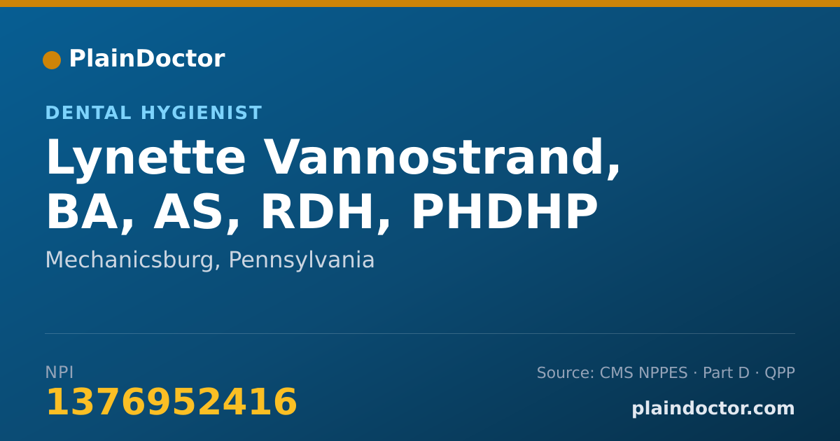 Shareable card for Lynette Vannostrand, BA, AS, RDH, PHDHP - Dental Hygienist, Mechanicsburg, PA