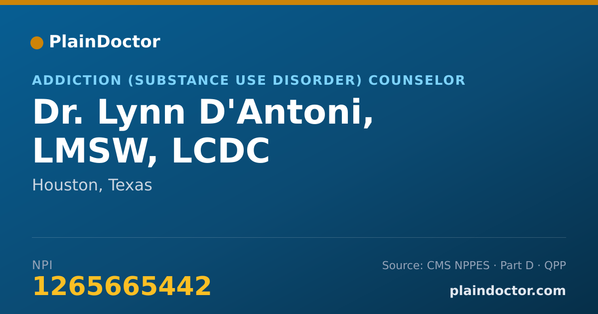 Shareable card for Lynn D'Antoni, LMSW, LCDC - Addiction (Substance Use Disorder) Counselor, Houston, TX