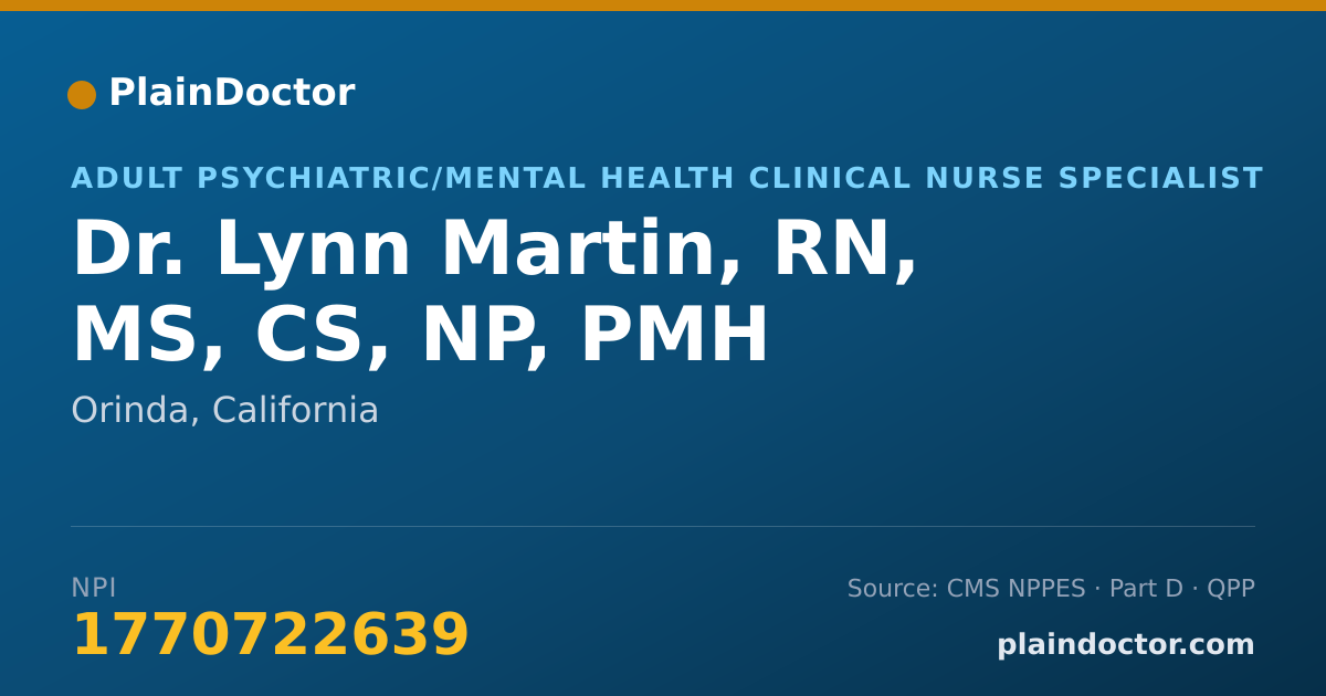 Shareable card for Lynn Martin, RN, MS, CS, NP, PMH - Adult Psychiatric/Mental Health Clinical Nurse Specialist, Orinda, CA