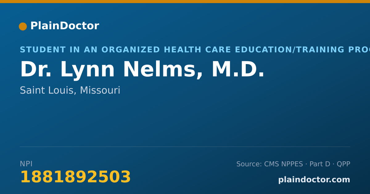 Shareable card for Lynn Nelms, M.D. - Student in an Organized Health Care Education/Training Program, Saint Louis, MO