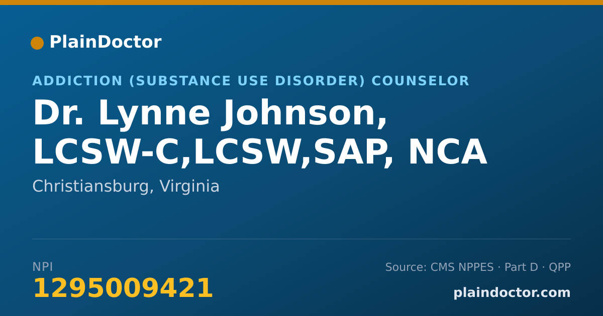 Shareable card for Lynne Johnson, LCSW-C,LCSW,SAP, NCA - Addiction (Substance Use Disorder) Counselor, Christiansburg, VA