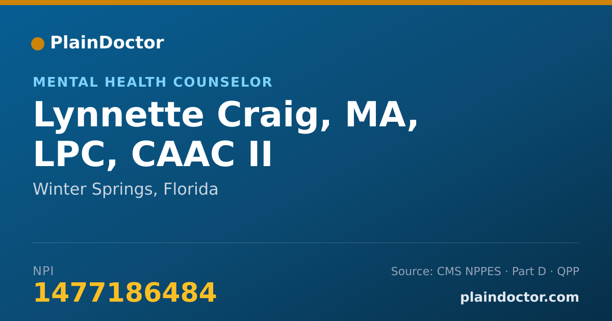 Shareable card for Lynnette Craig, MA, LPC, CAAC II - Mental Health Counselor, Winter Springs, FL
