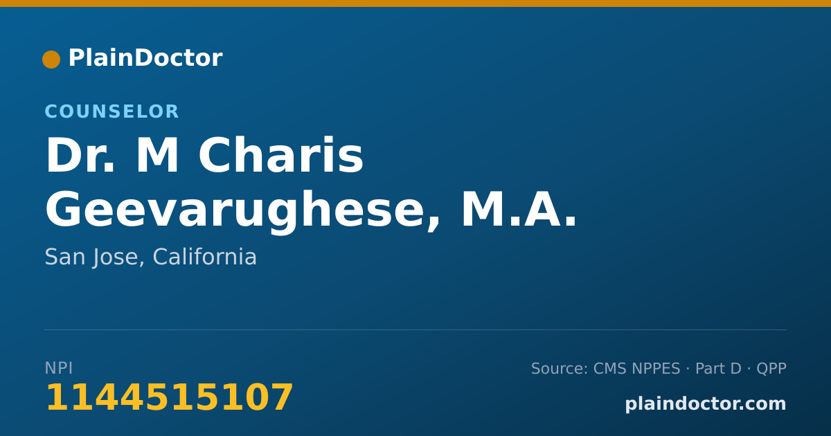 Shareable card for M Charis Geevarughese, M.A. - Counselor, San Jose, CA