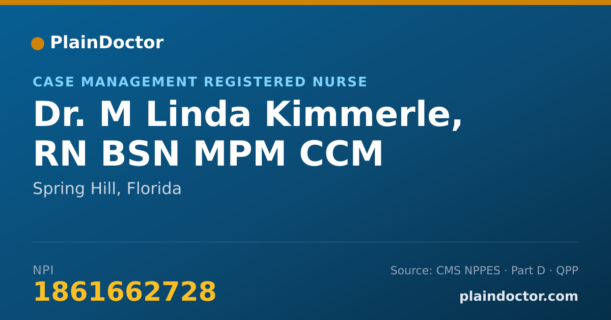 Shareable card for M Linda Kimmerle, RN BSN MPM CCM - Case Management Registered Nurse, Spring Hill, FL