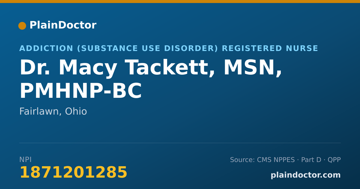 Shareable card for Macy Tackett, MSN, PMHNP-BC - Addiction (Substance Use Disorder) Registered Nurse, Fairlawn, OH