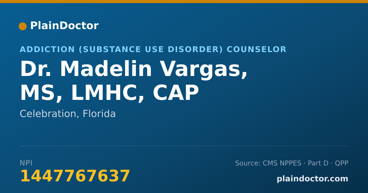 Shareable card for Madelin Vargas, MS, LMHC, CAP - Addiction (Substance Use Disorder) Counselor, Celebration, FL