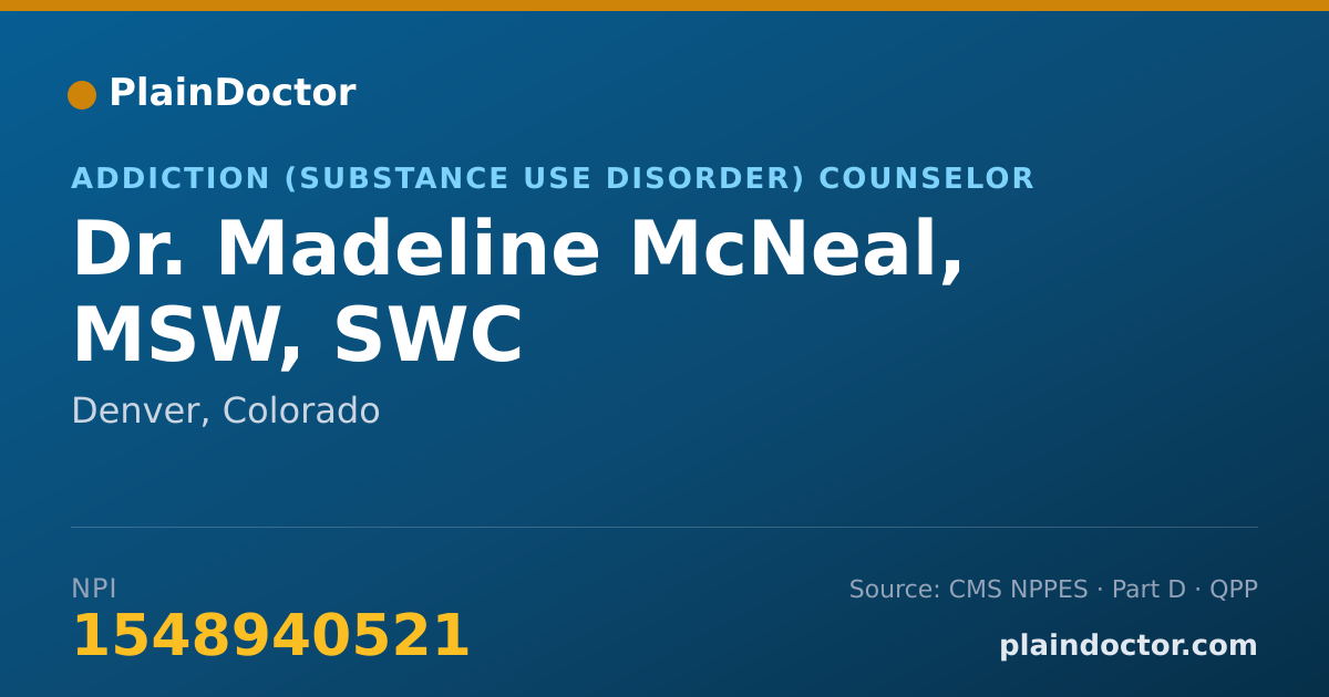 Shareable card for Madeline McNeal, MSW, SWC - Addiction (Substance Use Disorder) Counselor, Denver, CO