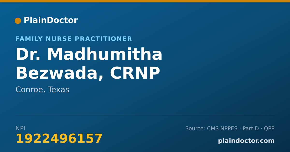 Shareable card for Madhumitha Bezwada, CRNP - Family Nurse Practitioner, Conroe, TX