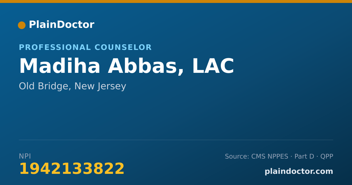 Shareable card for Madiha Abbas, LAC - Professional Counselor, Old Bridge, NJ