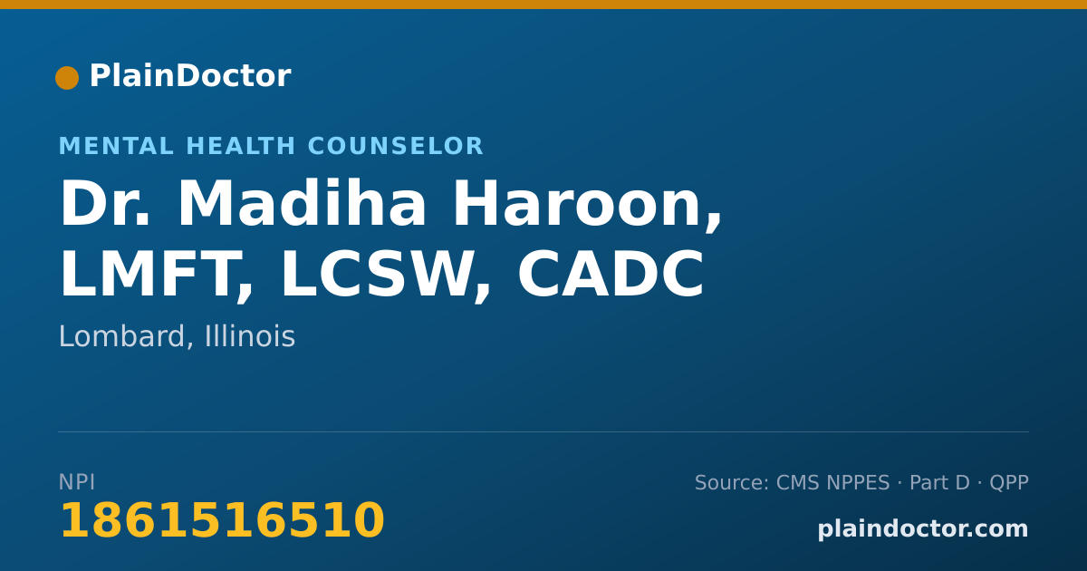 Shareable card for Madiha Haroon, LMFT, LCSW, CADC - Mental Health Counselor, Lombard, IL