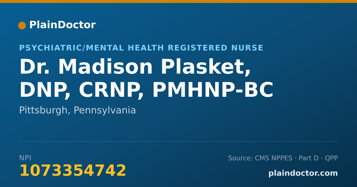 Shareable card for Madison Plasket, DNP, CRNP, PMHNP-BC - Psychiatric/Mental Health Registered Nurse, Pittsburgh, PA
