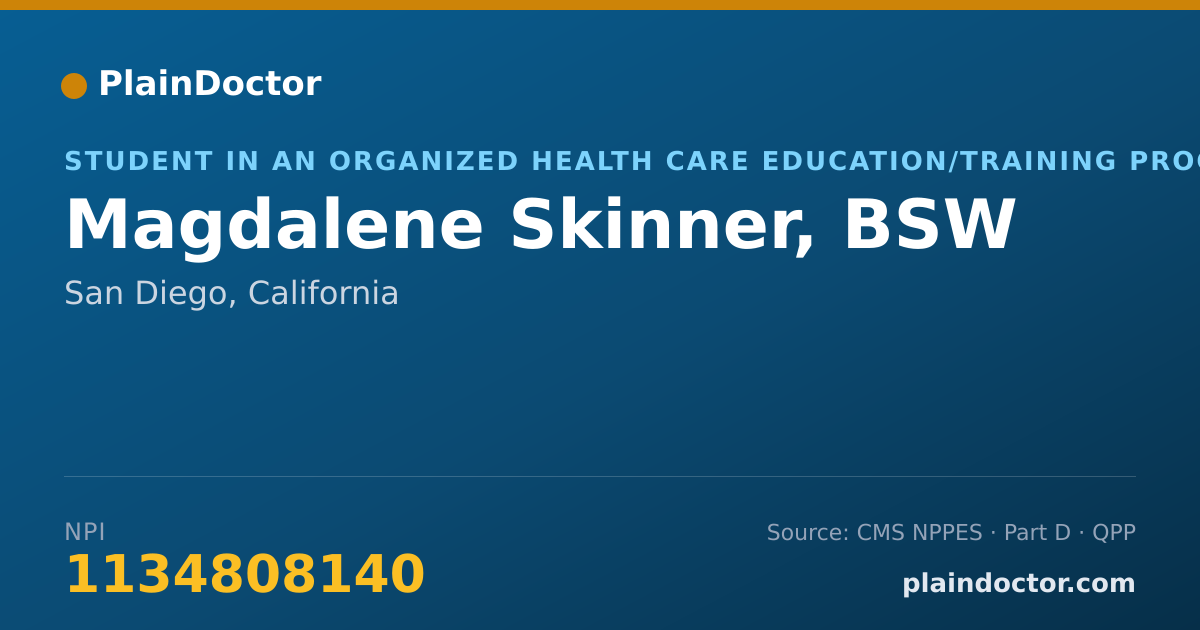 Shareable card for Magdalene Skinner, BSW - Student in an Organized Health Care Education/Training Program, San Diego, CA