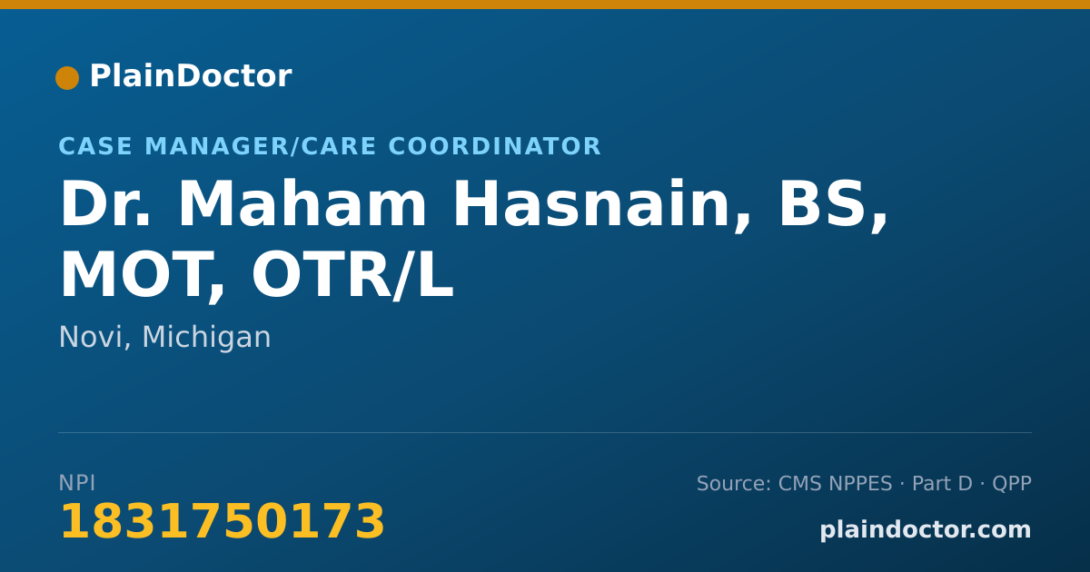 Shareable card for Maham Hasnain, BS, MOT, OTR/L - Case Manager/Care Coordinator, Novi, MI