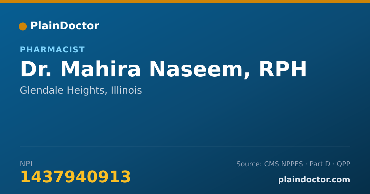Shareable card for Mahira Naseem, RPH - Pharmacist, Glendale Heights, IL