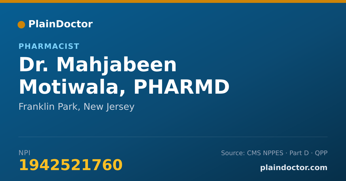 Shareable card for Mahjabeen Motiwala, PHARMD - Pharmacist, Franklin Park, NJ