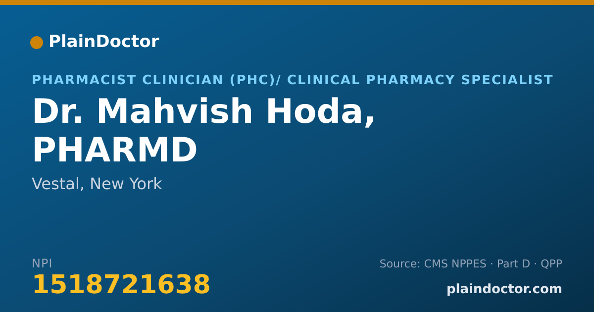 Shareable card for Mahvish Hoda, PHARMD - Pharmacist Clinician (PhC)/ Clinical Pharmacy Specialist, Vestal, NY