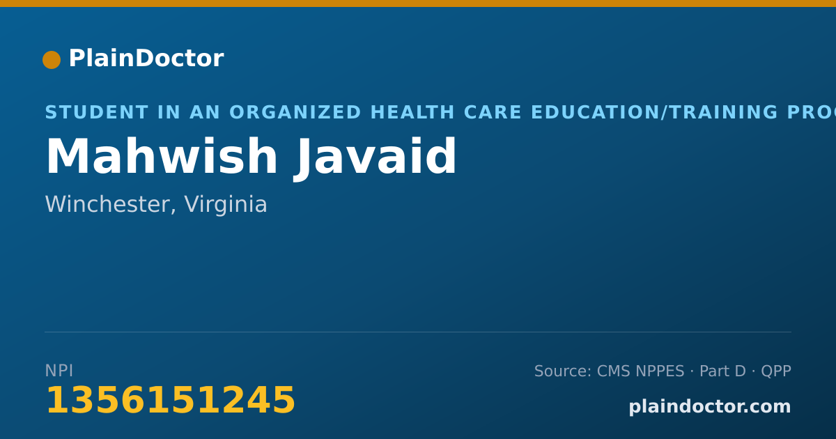 Shareable card for Mahwish Javaid - Student in an Organized Health Care Education/Training Program, Winchester, VA