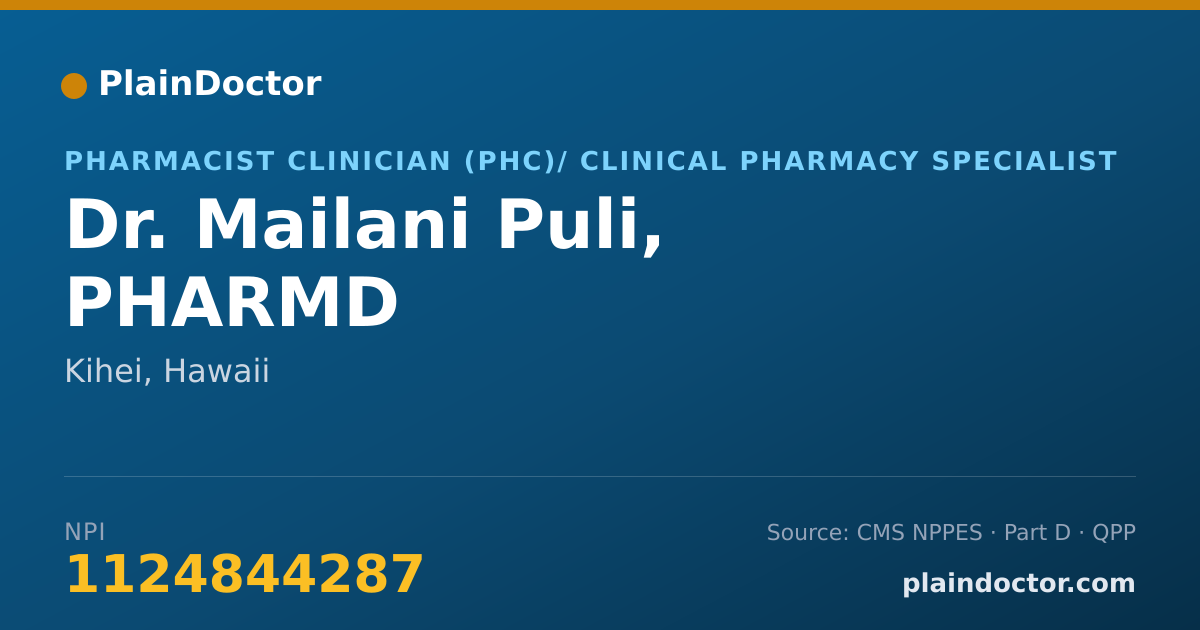 Shareable card for Mailani Puli, PHARMD - Pharmacist Clinician (PhC)/ Clinical Pharmacy Specialist, Kihei, HI