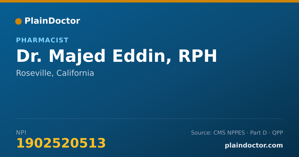Shareable card for Majed Eddin, RPH - Pharmacist, Roseville, CA