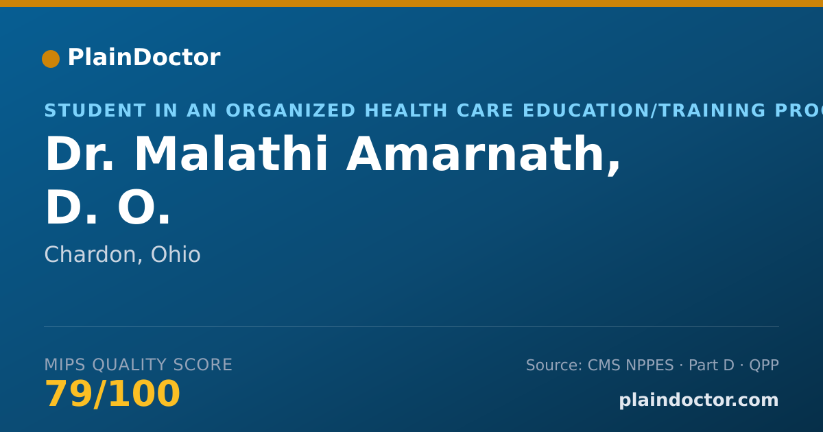 Shareable card for Malathi Amarnath, D. O. - Student in an Organized Health Care Education/Training Program, Chardon, OH