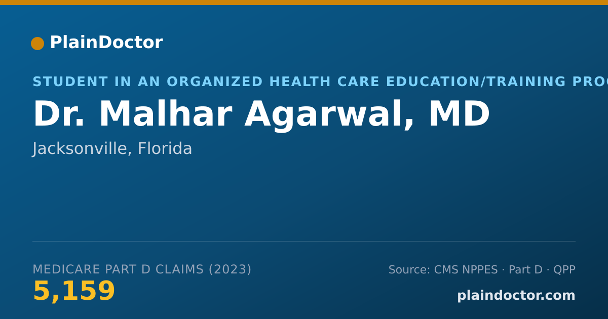 Shareable card for Malhar Agarwal, MD - Student in an Organized Health Care Education/Training Program, Jacksonville, FL