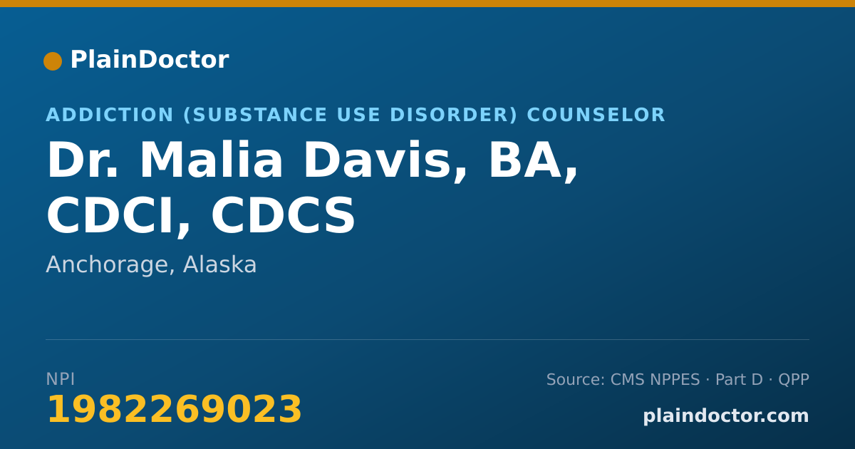 Shareable card for Malia Davis, BA, CDCI, CDCS - Addiction (Substance Use Disorder) Counselor, Anchorage, AK