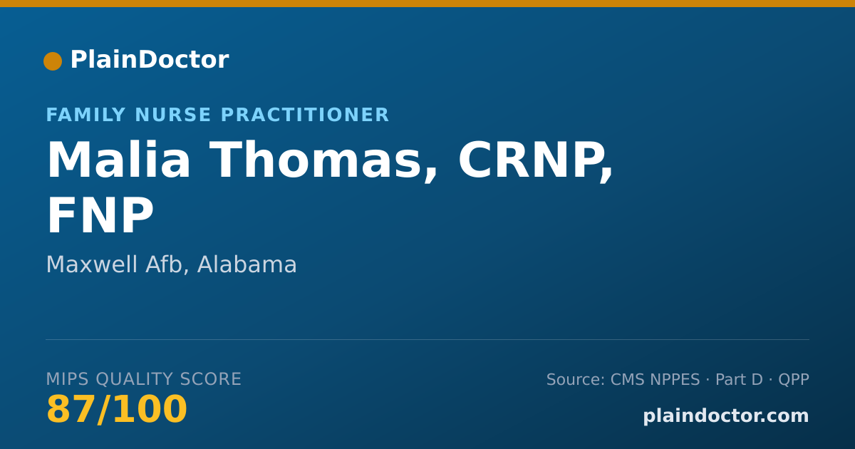 Shareable card for Malia Thomas, CRNP, FNP - Family Nurse Practitioner, Maxwell Afb, AL