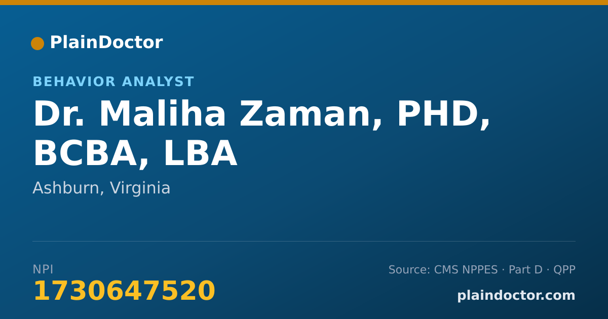 Shareable card for Maliha Zaman, PHD, BCBA, LBA - Behavior Analyst, Ashburn, VA