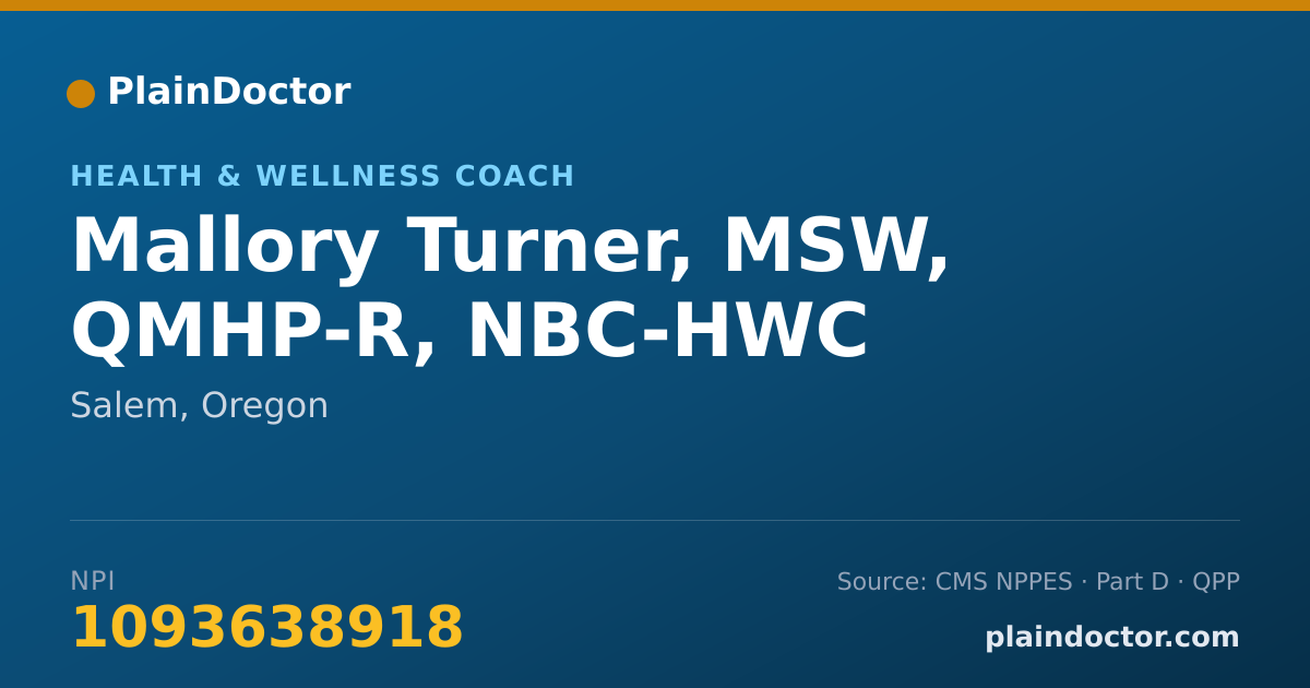 Shareable card for Mallory Turner, MSW, QMHP-R, NBC-HWC - Health & Wellness Coach, Salem, OR