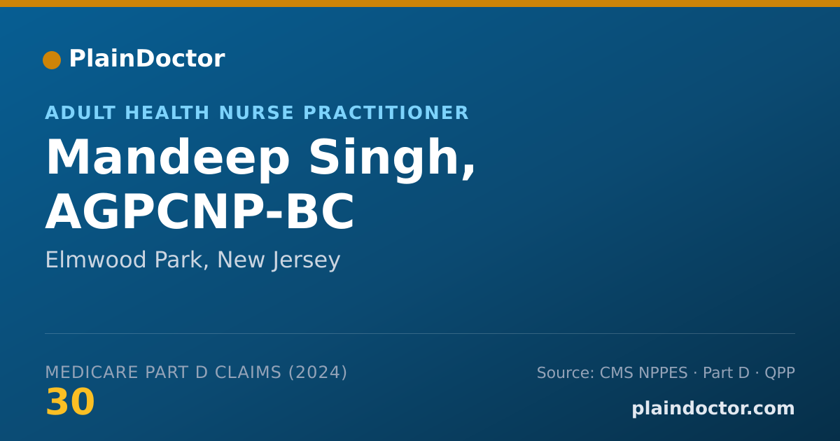 Shareable card for Mandeep Singh, AGPCNP-BC - Adult Health Nurse Practitioner, Elmwood Park, NJ