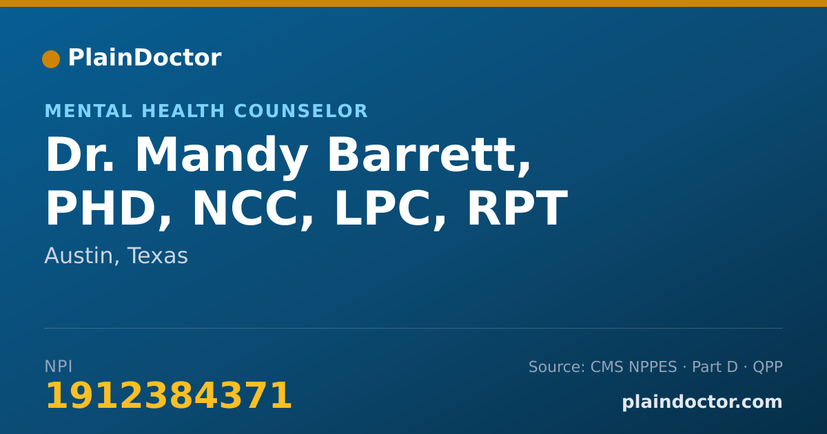 Shareable card for Mandy Barrett, PHD, NCC, LPC, RPT - Mental Health Counselor, Austin, TX