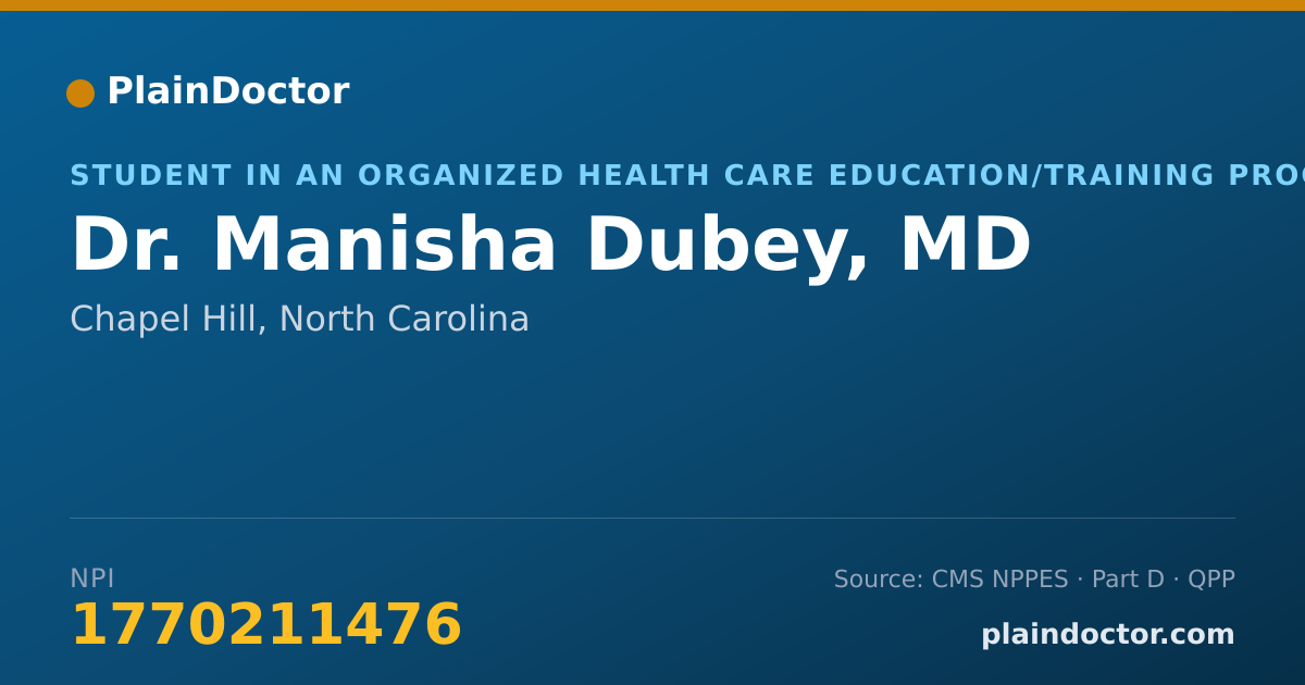 Shareable card for Manisha Dubey, MD - Student in an Organized Health Care Education/Training Program, Chapel Hill, NC