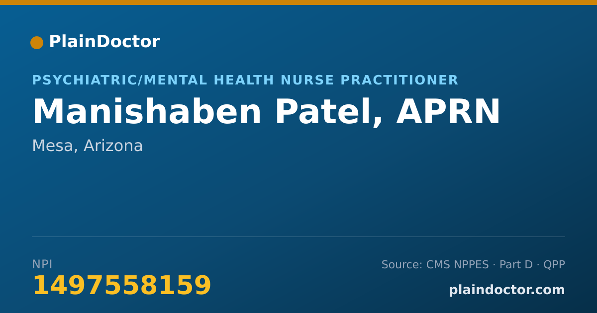 Shareable card for Manishaben Patel, APRN - Psychiatric/Mental Health Nurse Practitioner, Mesa, AZ