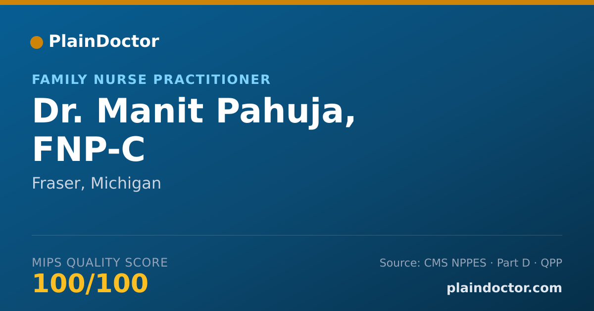 Shareable card for Manit Pahuja, FNP-C - Family Nurse Practitioner, Fraser, MI