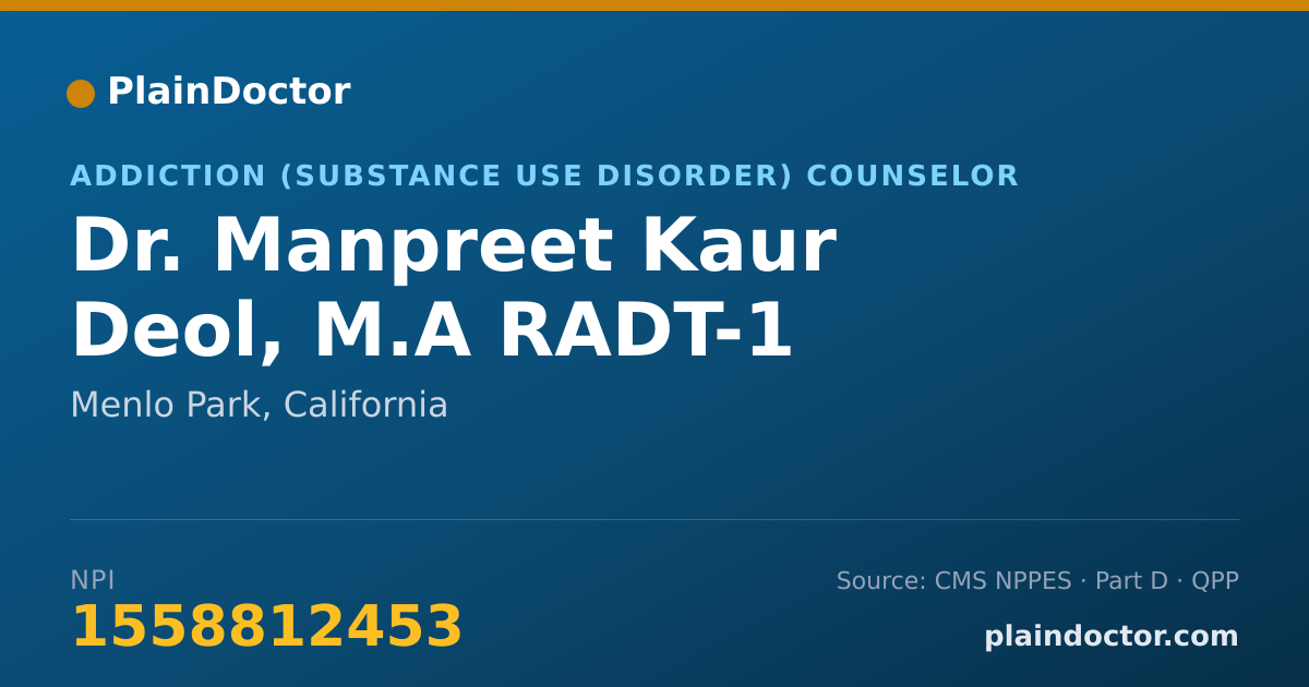 Shareable card for Manpreet Kaur Deol, M.A RADT-1 - Addiction (Substance Use Disorder) Counselor, Menlo Park, CA