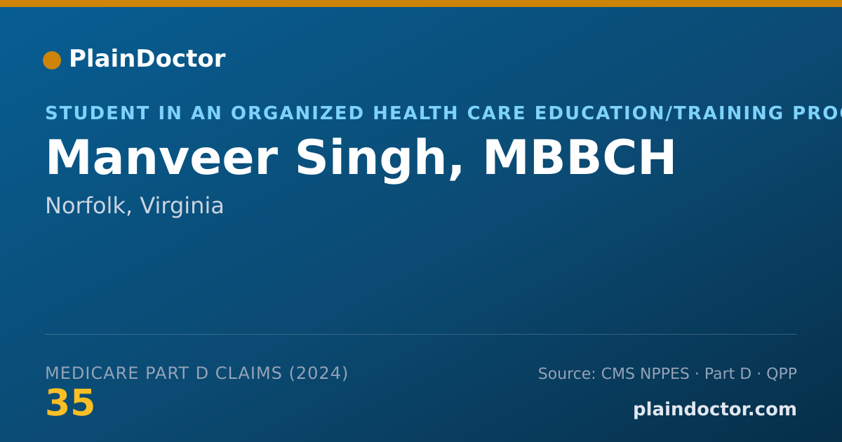 Shareable card for Manveer Singh, MBBCH - Student in an Organized Health Care Education/Training Program, Norfolk, VA