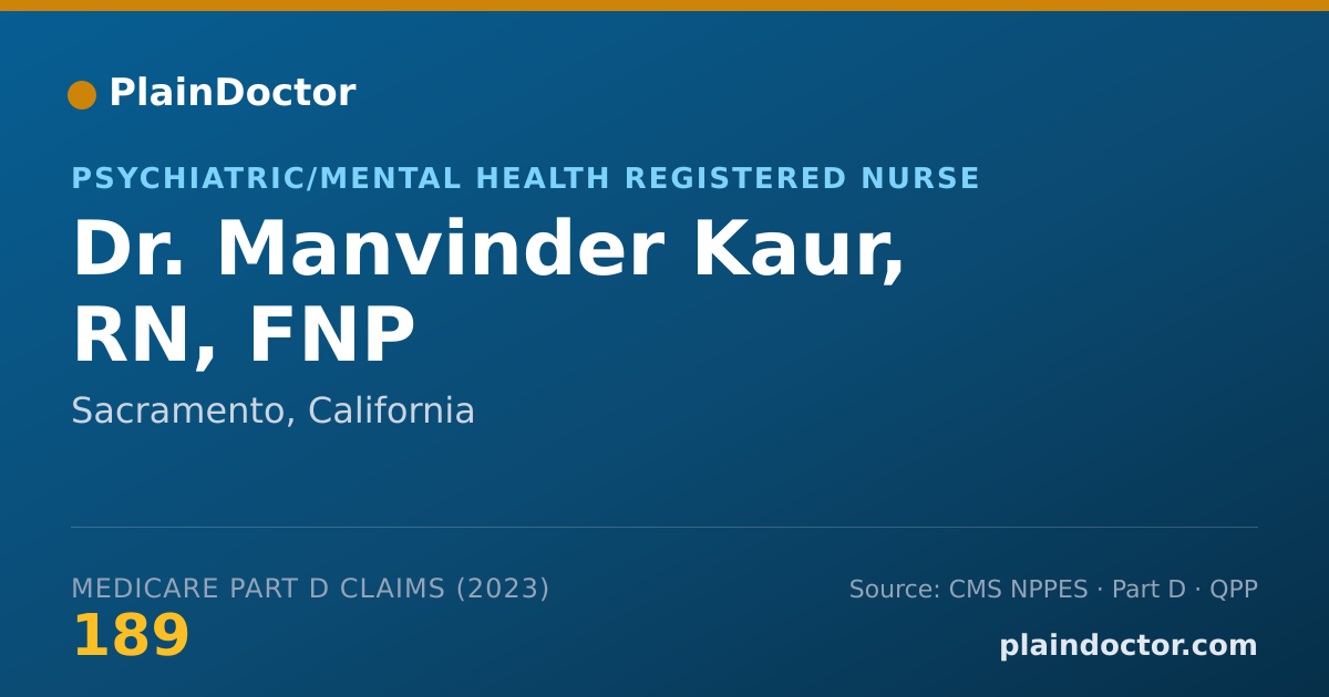 Shareable card for Manvinder Kaur, RN, FNP - Psychiatric/Mental Health Registered Nurse, Sacramento, CA